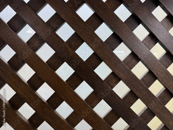 Fototapeta Geometric Dark Wood Lattice Screen Pattern. Decorative Interior Privacy Divider Grid Background