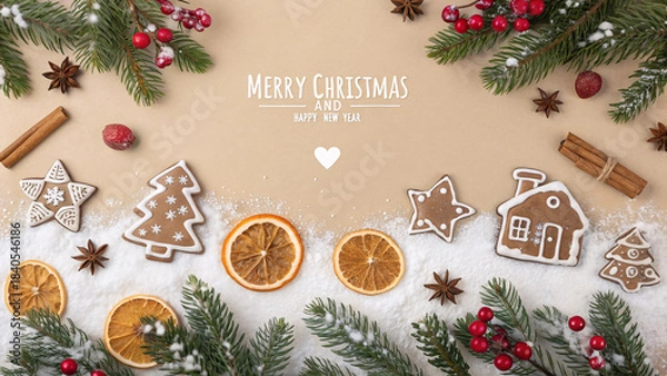 Fototapeta Christmas Flat Lay with Gingerbread Cookies, Dried Oranges, Pine Branches and Festive Holiday Decorations