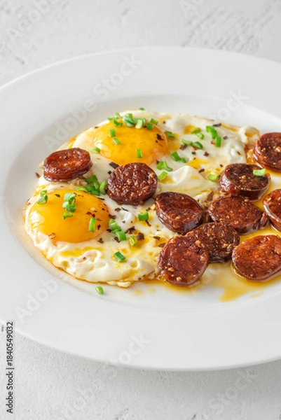 Obraz Hearty fried eggs served with caramelized chorizo slices and fresh scallion garnish