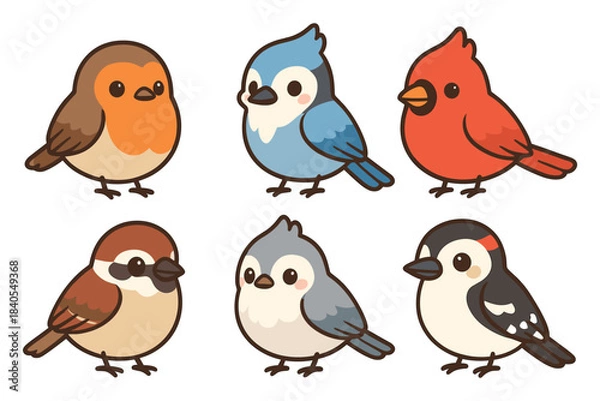 Obraz Cute cartoon birds set with various species in flat style