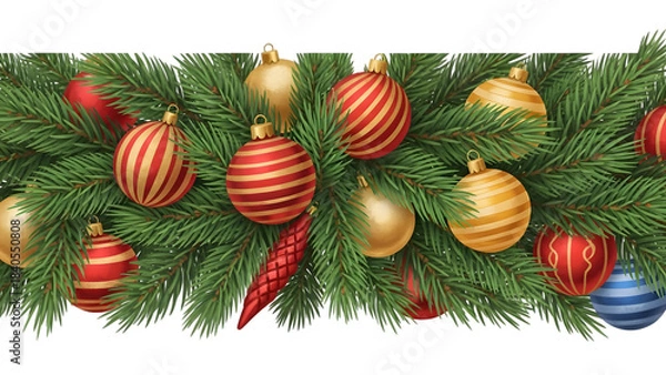 Obraz Festive christmas ornaments hanging amongst evergreen branches isolated on transparent background