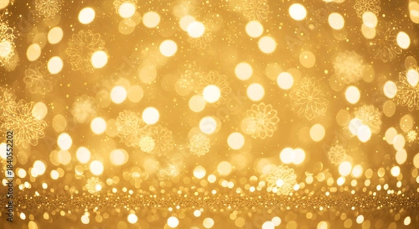 Fototapeta A shimmering golden background with sparkling bokeh lights and subtle snowflake patterns, creating a festive and magical atmosphere.