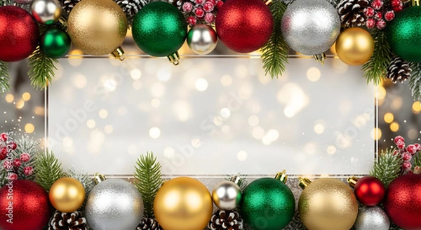 Fototapeta Festive Christmas background with colorful ornaments, pine branches, berries, and bokeh lights framing a blank white space for text.
