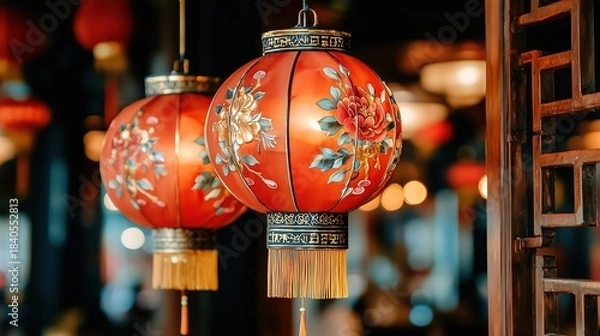 Obraz Double Peony Pattern Red-Gold Chinese Lanterns with Chinese Lattice Empty Space, Catering Promotion Material, Chinese-chic Festival Ambiance, Suitable for Chinese Restaurant Spring Festival Promotion