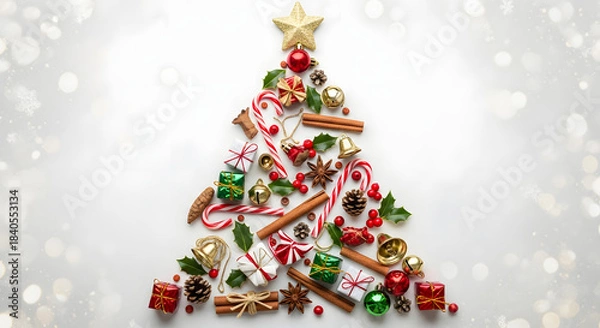 Fototapeta Christmas tree shape created from festive ornaments, candy canes, cinnamon sticks, berries, and small gift boxes on a white background with bokeh lights.