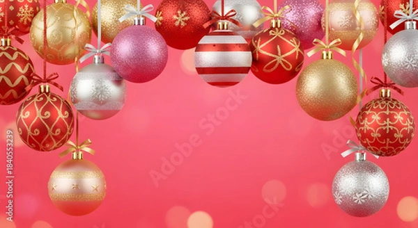 Fototapeta Vibrant assortment of festive Christmas baubles and ornaments hanging against a soft pink background with bokeh lights, creating a cheerful holiday atmosphere.