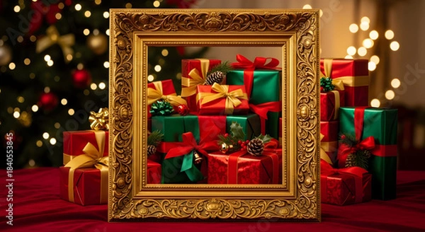 Fototapeta A golden ornate frame showcasing a large pile of red and green Christmas gifts, surrounded by more presents and festive lights.