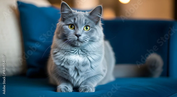Fototapeta A fluffy grey cat with green eyes sitting calmly on a vibrant blue sofa, looking directly at the camera.