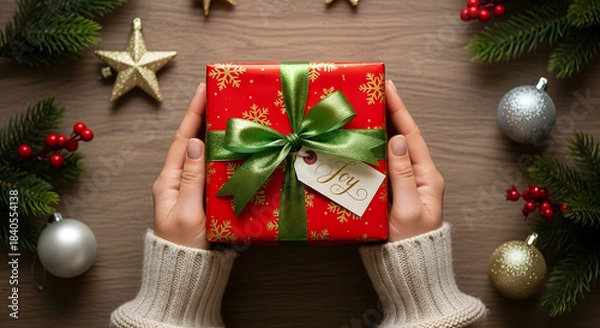 Fototapeta Overhead view of hands holding a festive red Christmas gift box with a green ribbon and 'Joy' tag, surrounded by holiday decorations on a wooden table.