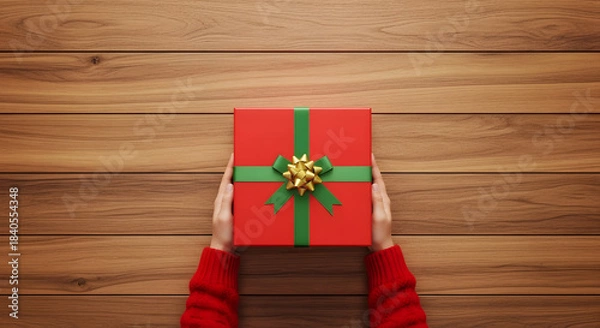 Fototapeta Overhead view of hands in a red sweater holding a festive red gift box with a green ribbon and gold bow on a wooden background.