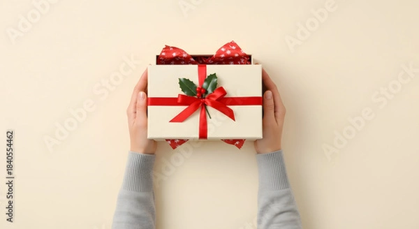 Fototapeta Overhead view of hands holding a golden Christmas gift box with a red bow, surrounded by festive holiday decorations on a wooden table.