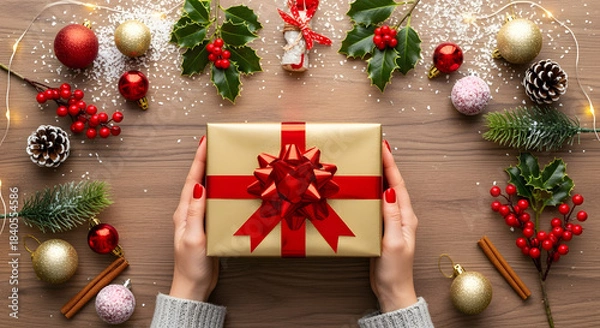 Fototapeta Overhead view of hands holding a golden Christmas gift box with a red bow, surrounded by festive holiday decorations on a wooden table.