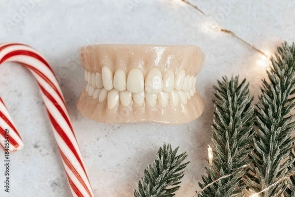 Obraz Festive holiday setting featuring artificial teeth with candy cane and pine branches