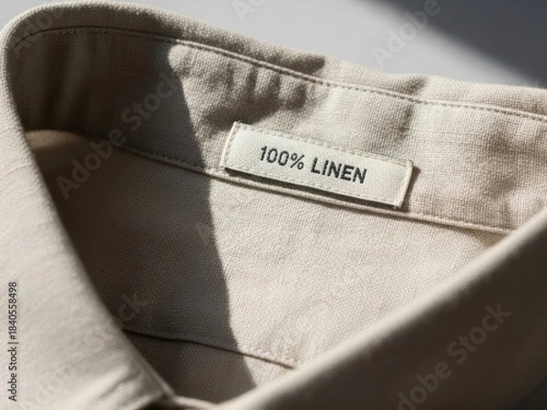 Obraz A close-up of a 100% linen label on a beige shirt collar, emphasizing natural fabric quality and material composition for textile and fashion concept.