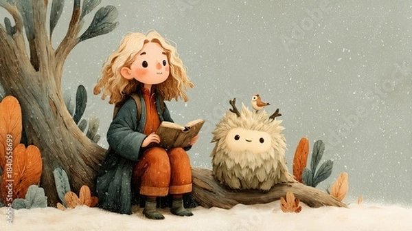 Fototapeta Whimsical Children’s Illustration of a Girl Reading with a Cute Forest Creature in the Snow