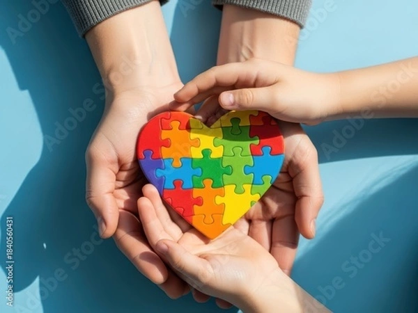 Obraz Woman and kid hold colorful heart puzzle. Autism spectrum disorder concept. Mental health awareness for World Autism Awareness Day.