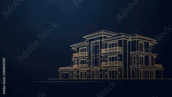 Fototapeta Abstract architectural rendering of a modern building at night with glowing lights and a dark blue background