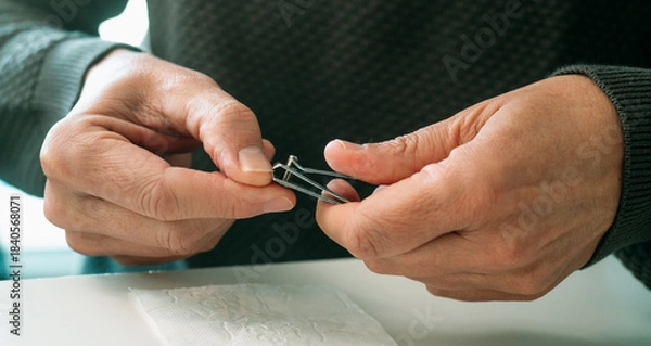 Obraz a man trims his thumb nail with precision