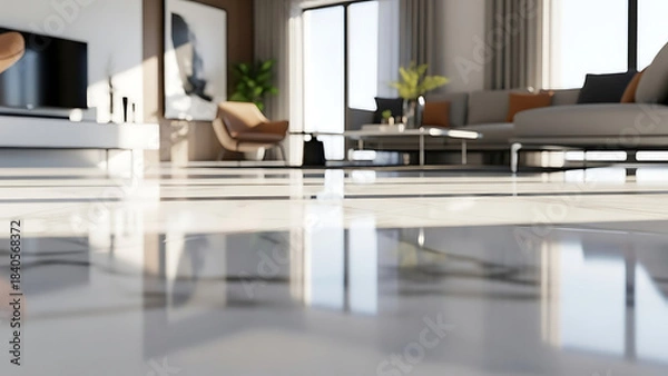 Fototapeta Luxurious modern living room interior with polished tile floors reflecting light and elegant furniture creating a warm inviting atmosphere