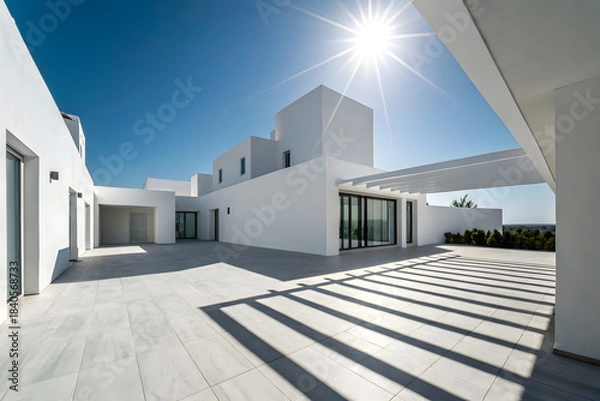 Obraz Modern white architecture with bright sunlight and shadow patterns