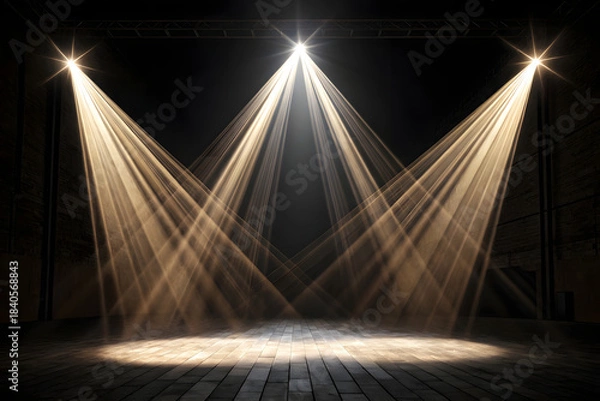 Obraz Three bright stage spotlights illuminating a dark wooden floor