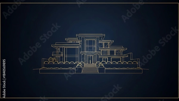 Fototapeta Architectural blueprint of a modern luxury home with clean lines and geometric shapes against a dark blue background