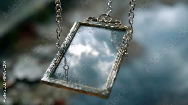 Fototapeta Reflection of clouds captured in a vintage frame hanging from a chain near a body of water on a cloudy day