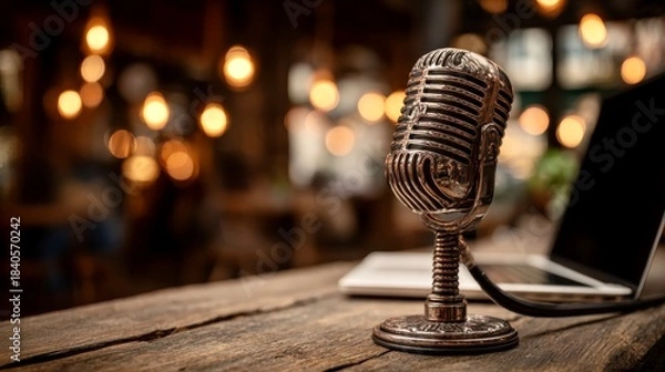 Fototapeta Vintage microphone on a wooden table in a warmly lit cafe setting with a laptop in the background