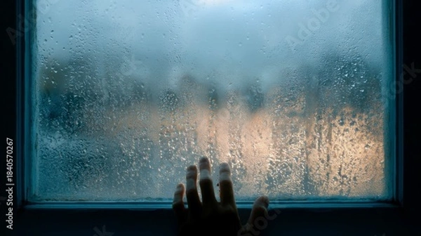 Fototapeta Hand reaching out to a foggy window with raindrops on the glass, depicting a sense of longing and connection to the outside world during a rainy day