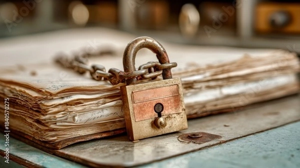Fototapeta Locked diary with a chain and padlock resting on a wooden table in an old library environment presenting a sense of mystery and security in a historical setting