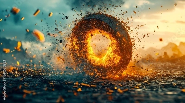 Fototapeta Bright sparks and flames surround an exploding tire in a dramatic sunset scene showing industrial energy and motion in action