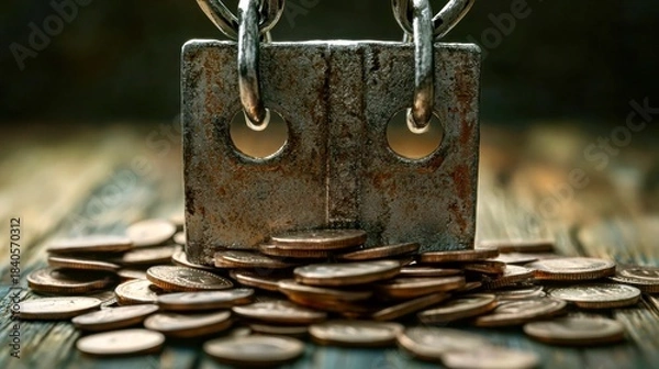 Fototapeta Rusty padlock on a wooden surface surrounded by scattered coins emphasizes the concept of financial security and caution in an uncertain economy