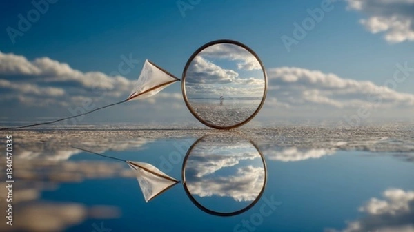 Fototapeta Clear reflection of clouds and sky visible through a circular mirror on the salt flat during daytime with distant boat on water
