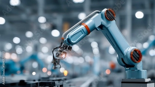 Fototapeta Industrial robot arm working on assembly line in modern manufacturing facility demonstrating precision and efficiency