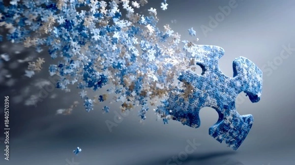 Fototapeta Blue puzzle pieces scatter to create a colorful abstract representation of creativity and problem-solving in a digital space