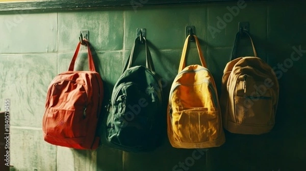 Fototapeta Colorful backpacks hanging on hooks in a cozy setting, showcasing different styles and designs for various occasions and uses