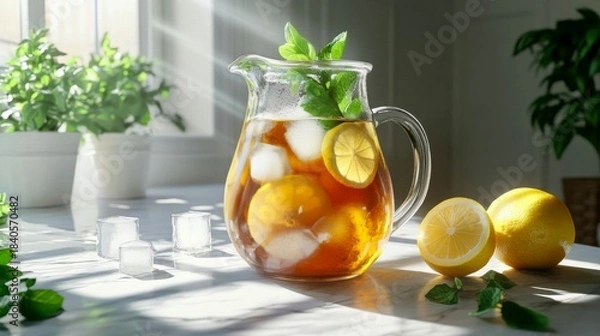 Fototapeta Iced tea with lemon and mint in a glass pitcher on a marble table in a sunlit kitchen during summer, capturing freshness and refreshment