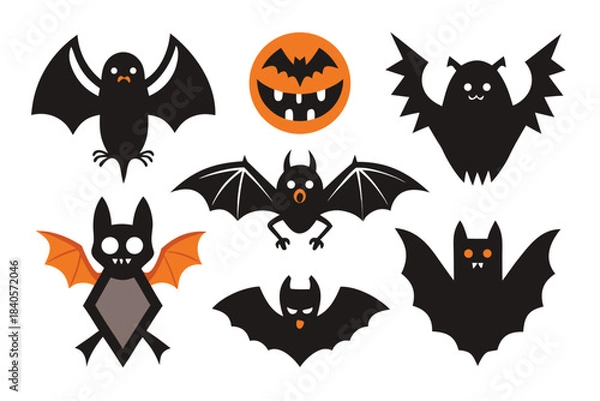 Fototapeta Set of seven different cartoon bat and Halloween icons
