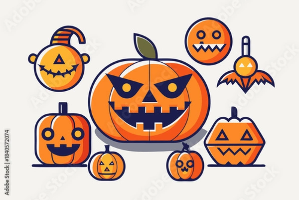 Fototapeta Flat Halloween Icons Set. Pumpkins, Vampires, Ghosts, and Spooky Symbols.
