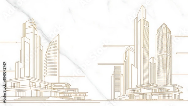 Fototapeta Architectural rendering of a modern cityscape with multiple high rise buildings and a focus on detailed structural design and urban development