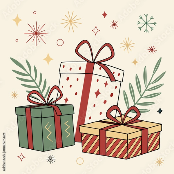 Obraz  Christmas Gifts Vector Illustration with Festive Wrapped Presents