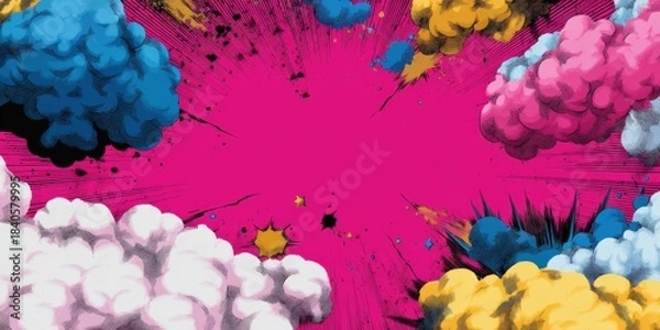 Fototapeta Vibrant comic explosion with multicolored clouds on pink background
