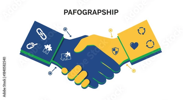 Fototapeta Two hands shaking in a partnership agreement with various icons.