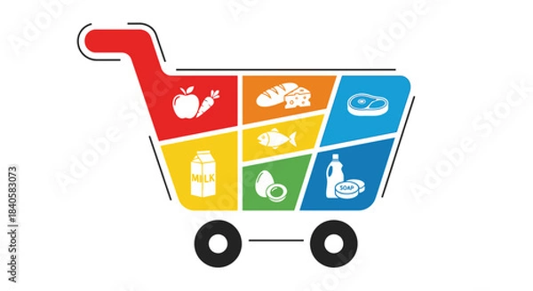 Fototapeta Colorful Shopping Cart Filled with Assorted Groceries and Food Items.