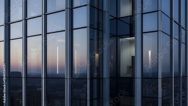 Fototapeta Modern architecture featuring a glass facade reflecting a vibrant sunset sky with orange and blue hues creating an abstract pattern