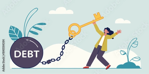 Fototapeta Woman using golden key to unlock chain from debt ball