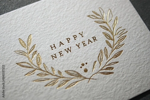 Fototapeta A minimalist "Happy New Year" design with thin gold foil line art 