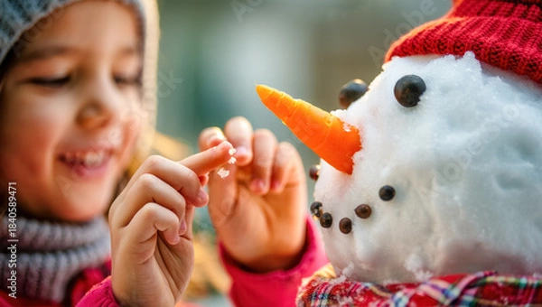 Fototapeta Child joyfully decorating a snowman with a carrot nose, pebble eyes and a red knit hat, adding tiny snow details in warm winter light with a soft festive bokeh background