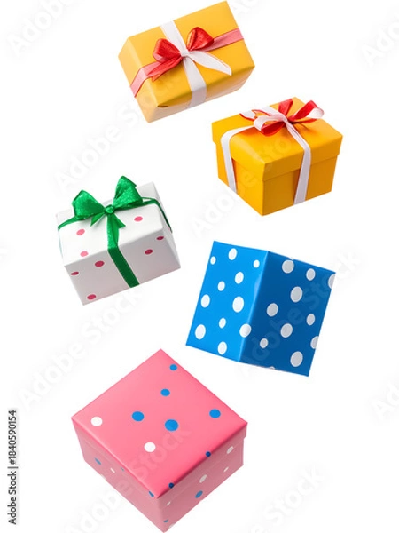 Fototapeta .Colorful Christmas gift boxes in green, red, and white tones floating on transparent background. Playful festive arrangement perfect for holiday graphics