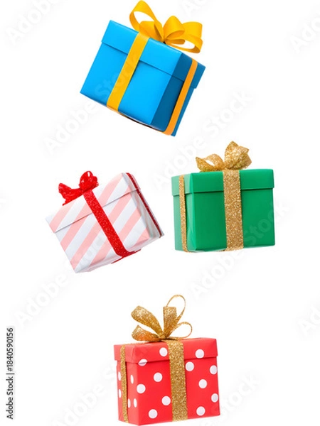 Fototapeta .Colorful Christmas gift boxes in green, red, and white tones floating on transparent background. Playful festive arrangement perfect for holiday graphics